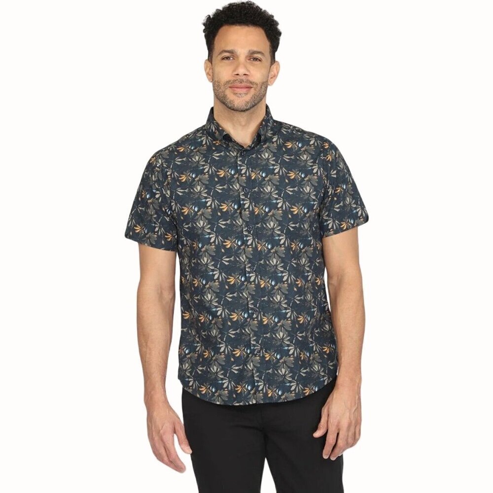 Vustra Mens Short Sleeve XLarge Navy Lily Print Button Down Cotton Shirt NEW
